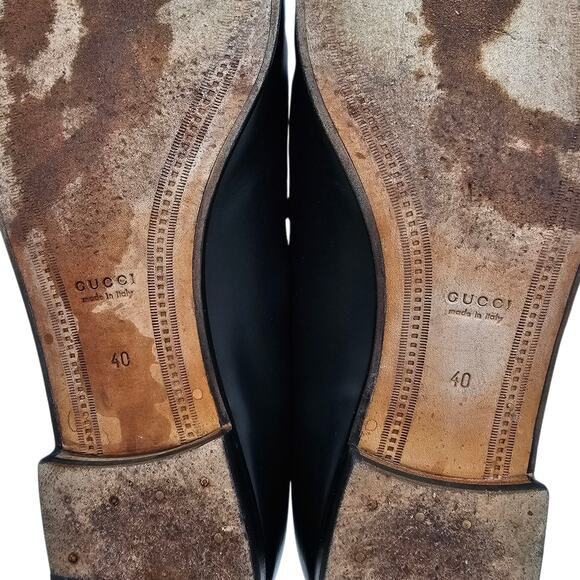 Gucci Jordaan Horsebit Slip On Flat Loafer Black Leather Gold Size 40 US 10 - Picture 9 of 12